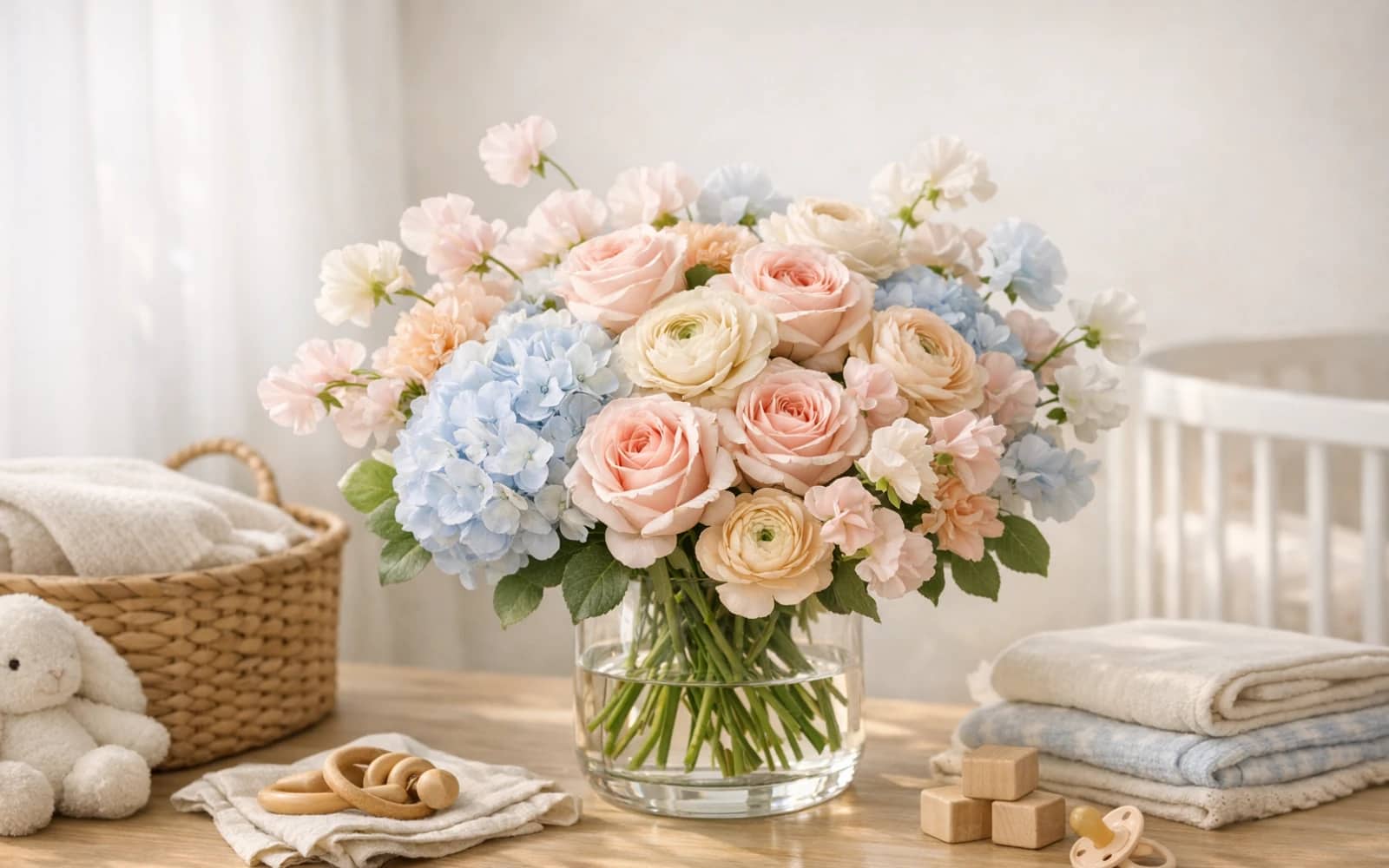 New Baby Flowers with roses, hydrangea, and ranunculus, soft pink, powder blue, and cream color direction, and premium tender, warm, soft, and celebratory styling from Lina Flowers