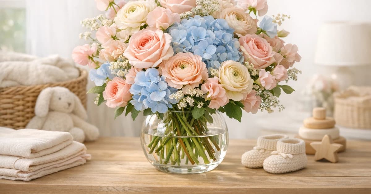 New Baby Flowers social share image with roses, hydrangea, and ranunculus, soft pink, powder blue, and cream tones, and premium LiNa Garden styling