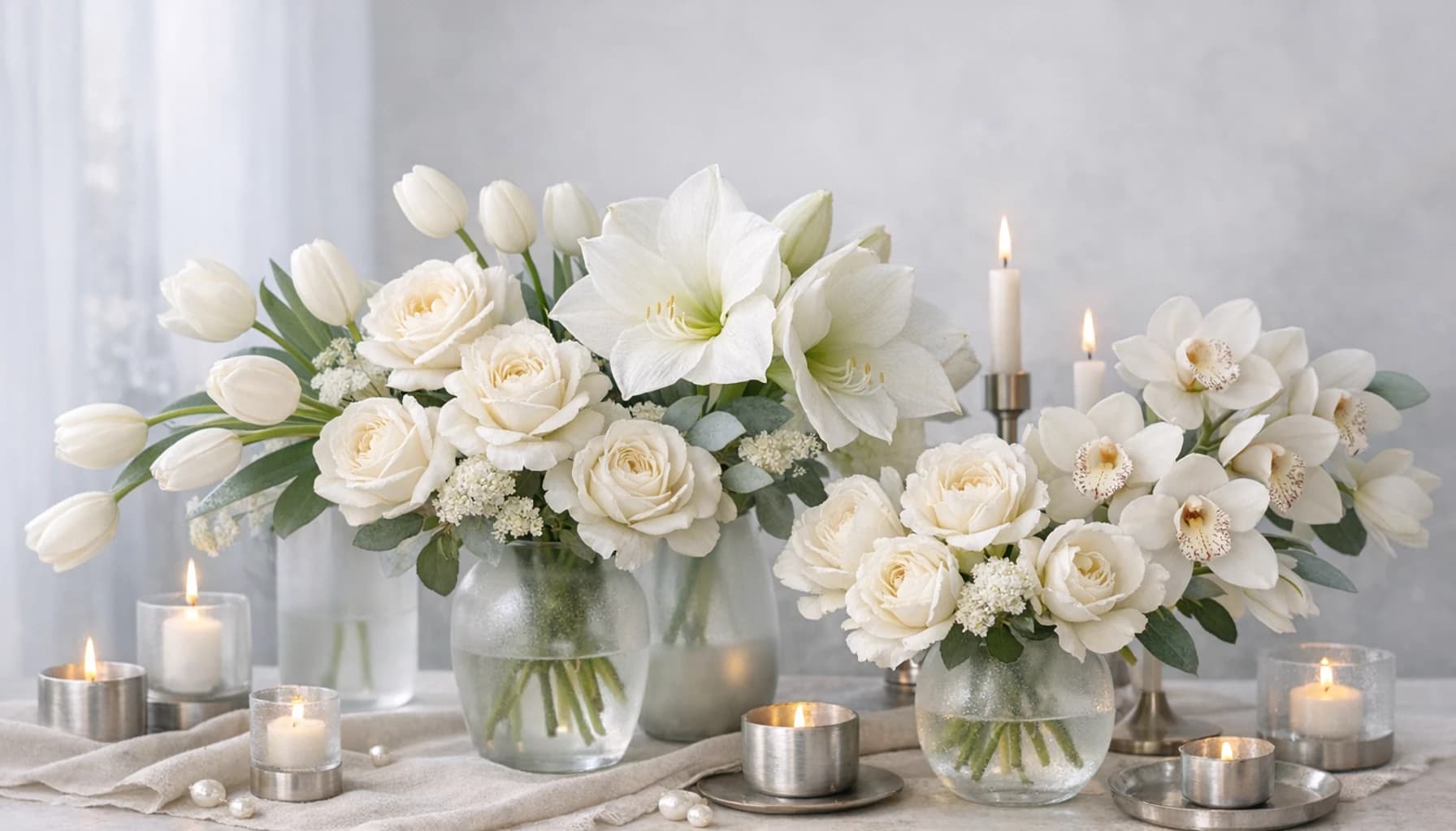 New Year's Day flowers collection banner with white tulips, garden roses, and amaryllis and crisp, luminous, restorative, and composed styling from Lina Flowers