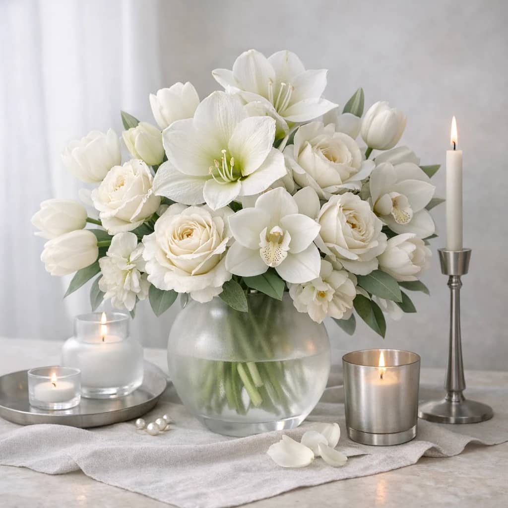 New Year's Day flowers preview with white tulips, garden roses, and amaryllis in pearl white, silver sage, and soft champagne tones from Lina Flowers