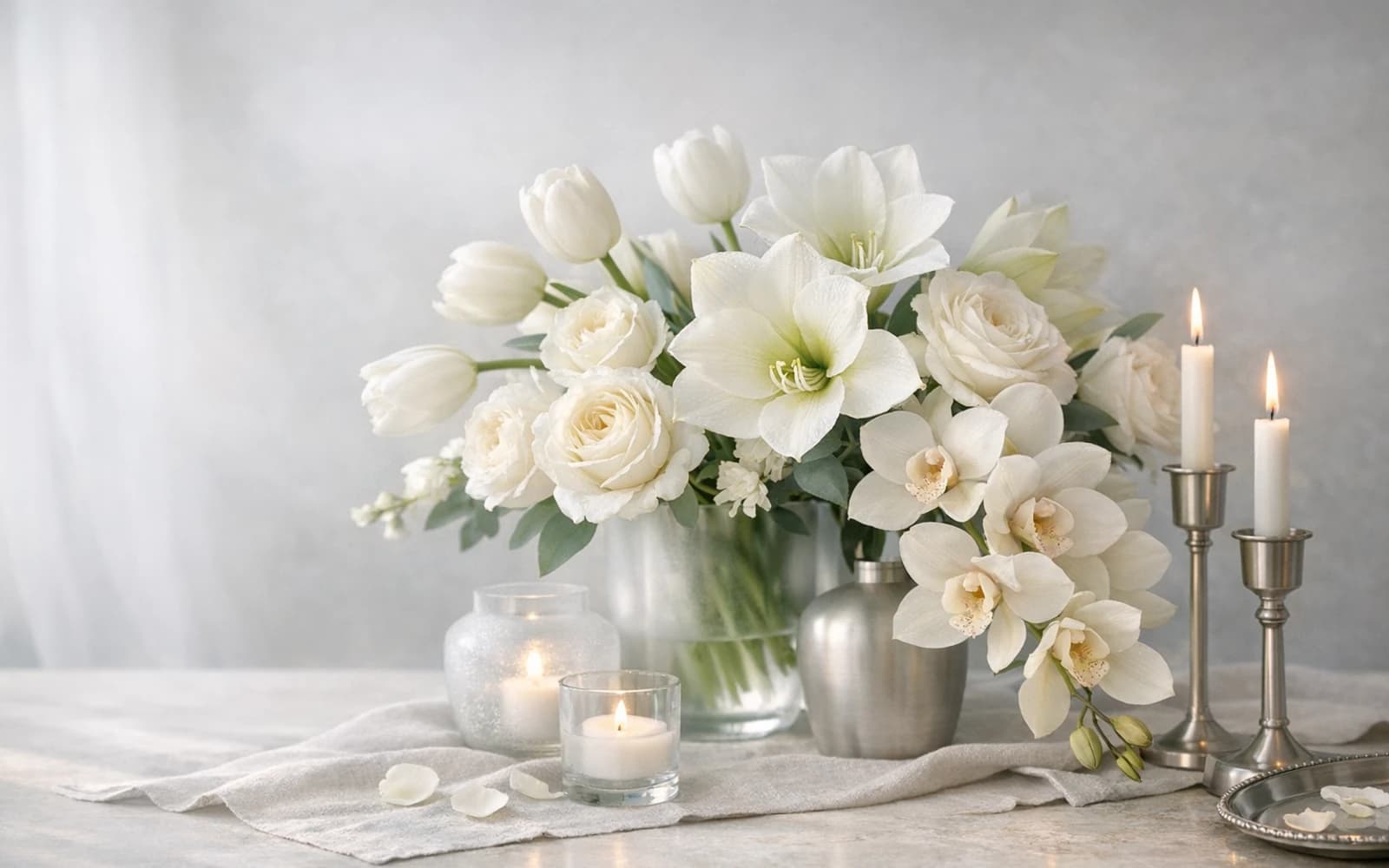 New Year's Day flowers with white tulips, garden roses, and amaryllis, pearl white, silver sage, and soft champagne color direction, and premium crisp, luminous, restorative, and composed styling from LiNa Garden