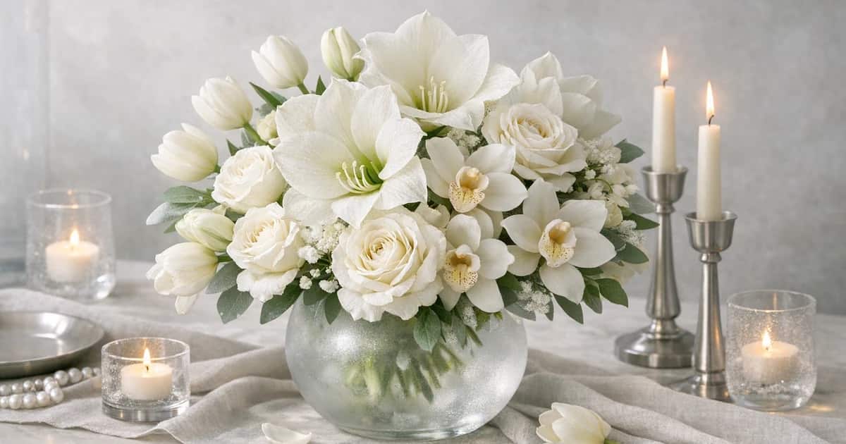 New Year's Day flowers social share image with white tulips, garden roses, and amaryllis, pearl white, silver sage, and soft champagne tones, and premium Lina Flowers styling