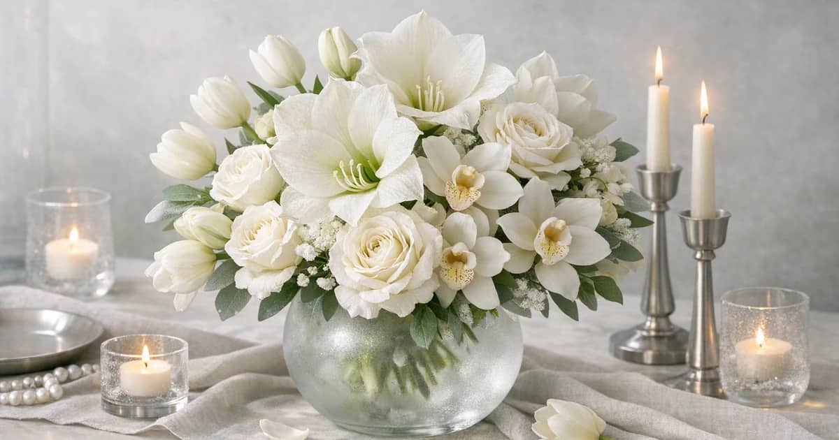 New Year's Day flowers social share image with white tulips, garden roses, and amaryllis, pearl white, silver sage, and soft champagne tones, and premium Lina Flowers styling