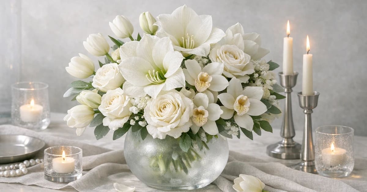 New Year's Day flowers social share image with white tulips, garden roses, and amaryllis, pearl white, silver sage, and soft champagne tones, and premium Lina Flowers styling