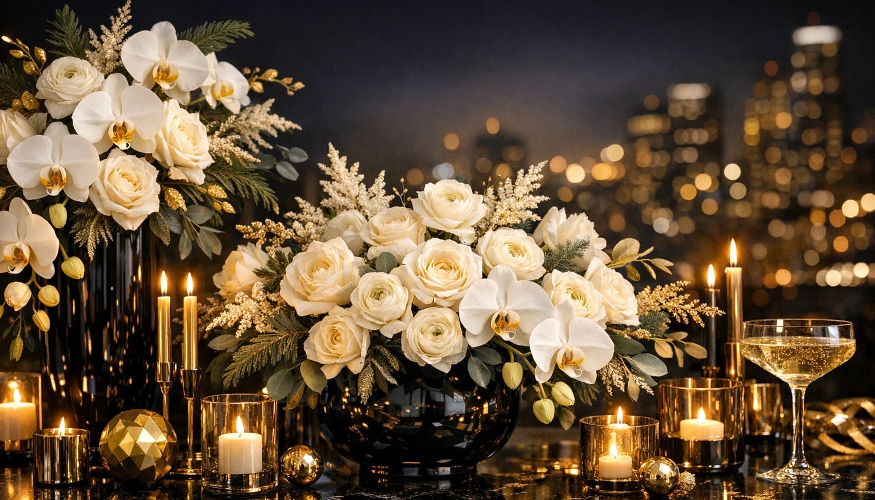 New Year's Eve flowers collection banner with white roses, orchids, and ranunculus and glamorous, luminous, celebratory, and night-ready styling from Lina Flowers