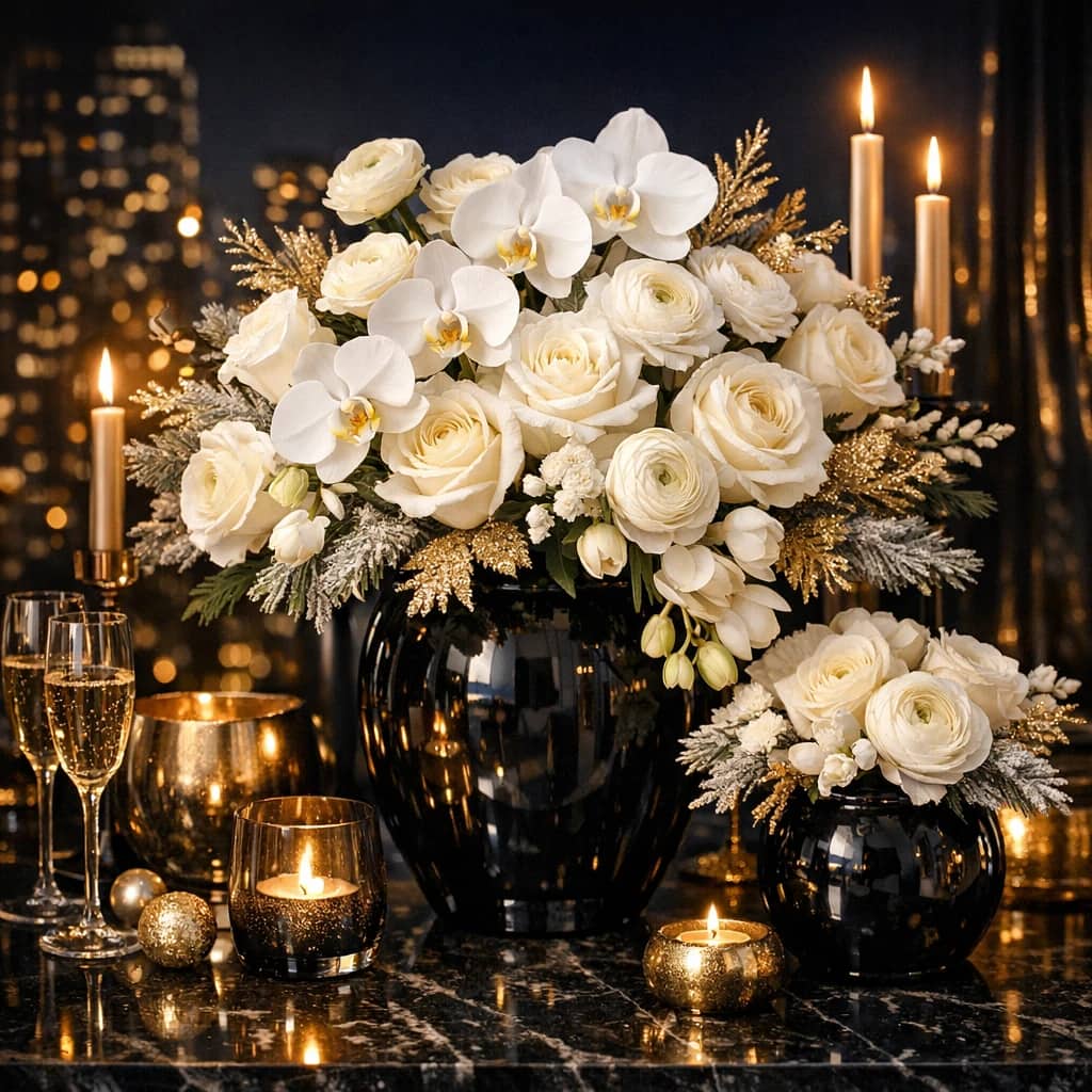 New Year's Eve flowers preview with white roses, orchids, and ranunculus in champagne, snow white, and ink tones from Lina Flowers