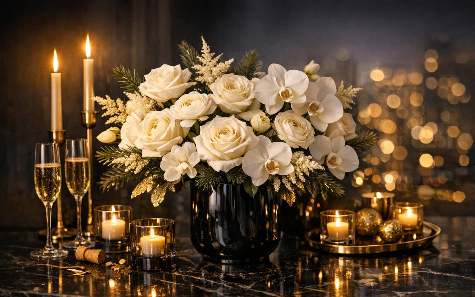 New Year's Eve flowers with white roses, orchids, and ranunculus, champagne, snow white, and ink color direction, and premium glamorous, luminous, celebratory, and night-ready styling from Lina Flowers