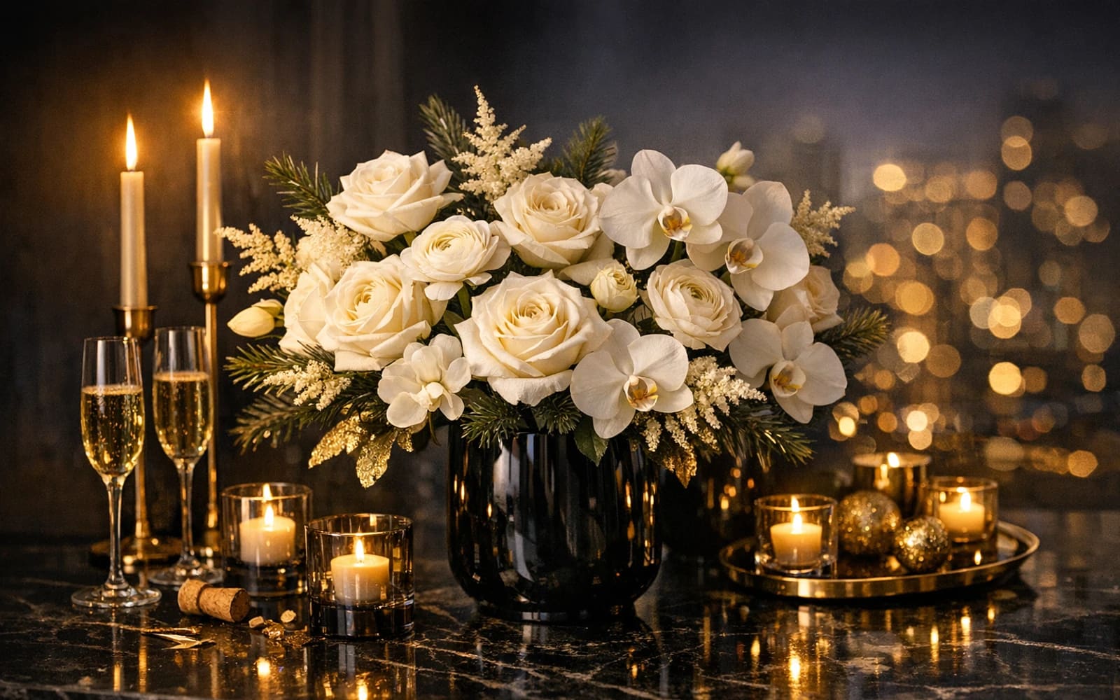 New Year's Eve flowers with white roses, orchids, and ranunculus, champagne, snow white, and ink color direction, and premium glamorous, luminous, celebratory, and night-ready styling from Lina Flowers