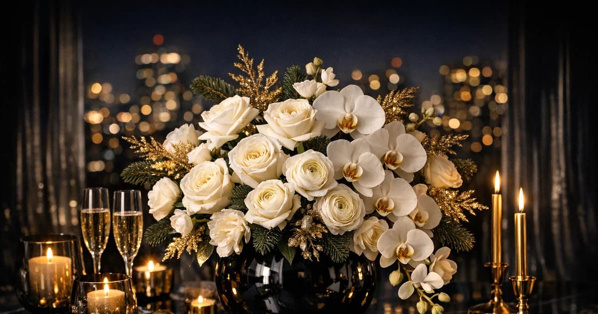 New Year's Eve flowers social share image with white roses, orchids, and ranunculus, champagne, snow white, and ink tones, and premium Lina Flowers styling