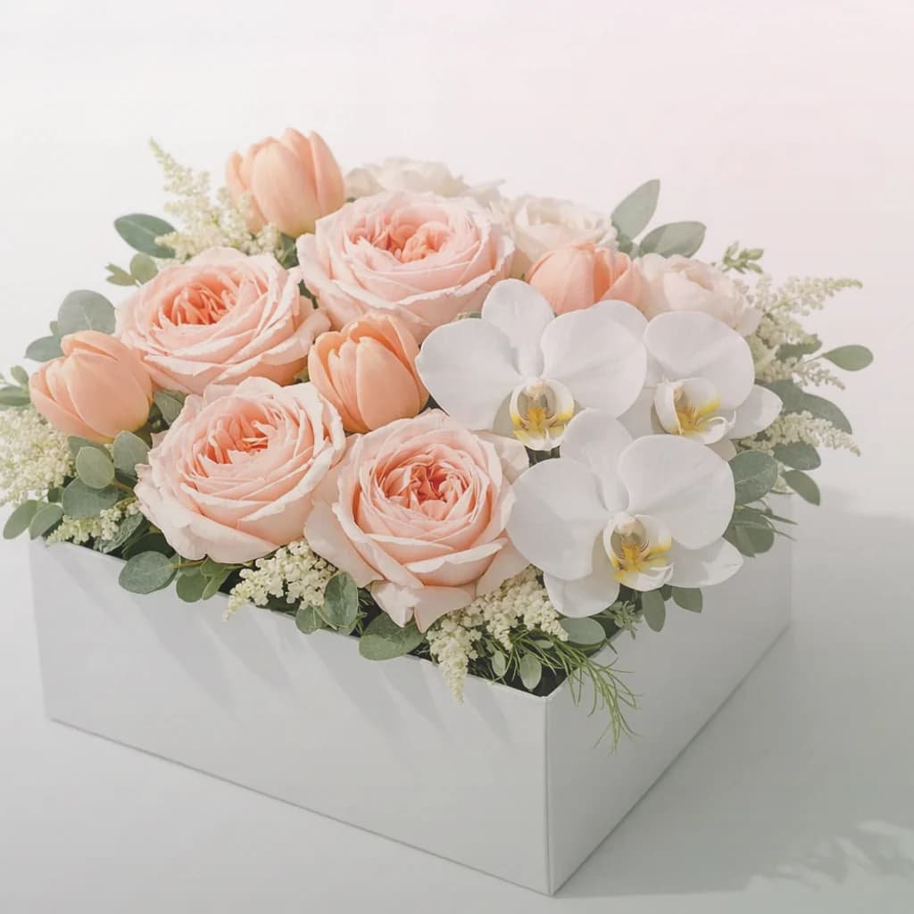 Nurses Day flowers preview with white roses, blush tulips, and ranunculus in soft white, blush, and seeded sage tones from LiNa Garden