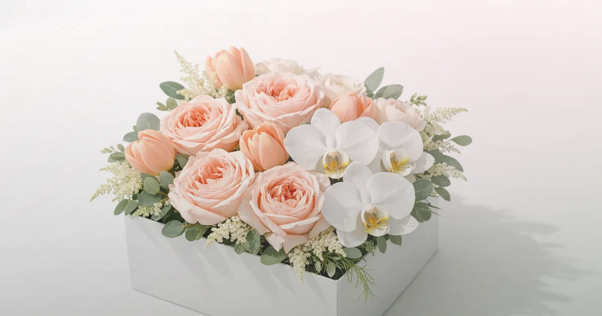 Nurses Day flowers social share image with white roses, blush tulips, and ranunculus, soft white, blush, and seeded sage tones, and premium Lina Flowers styling