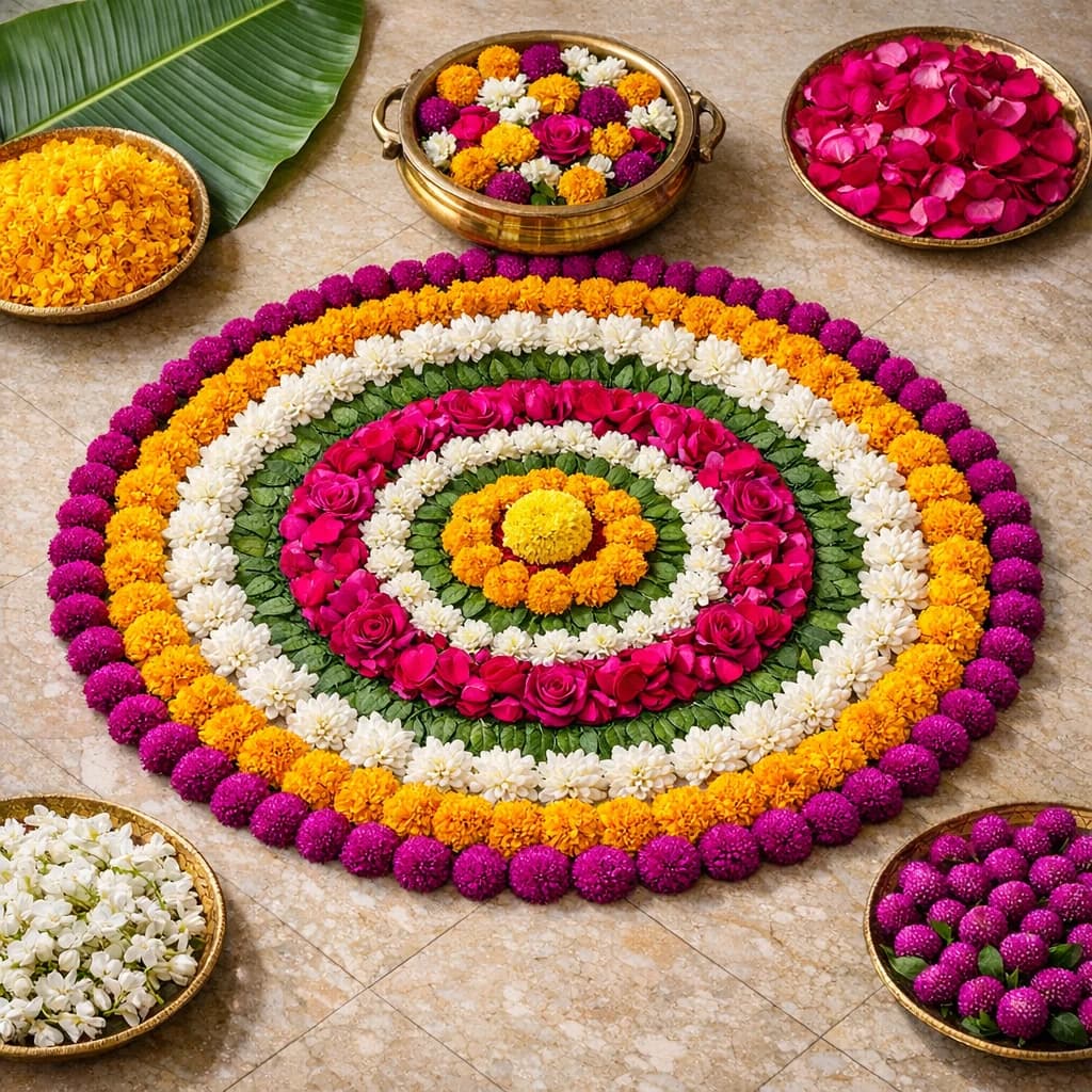 Onam flowers preview with marigolds, chrysanthemums, and jasmine in saffron marigold, festival magenta, and harvest white tones from Lina Flowers