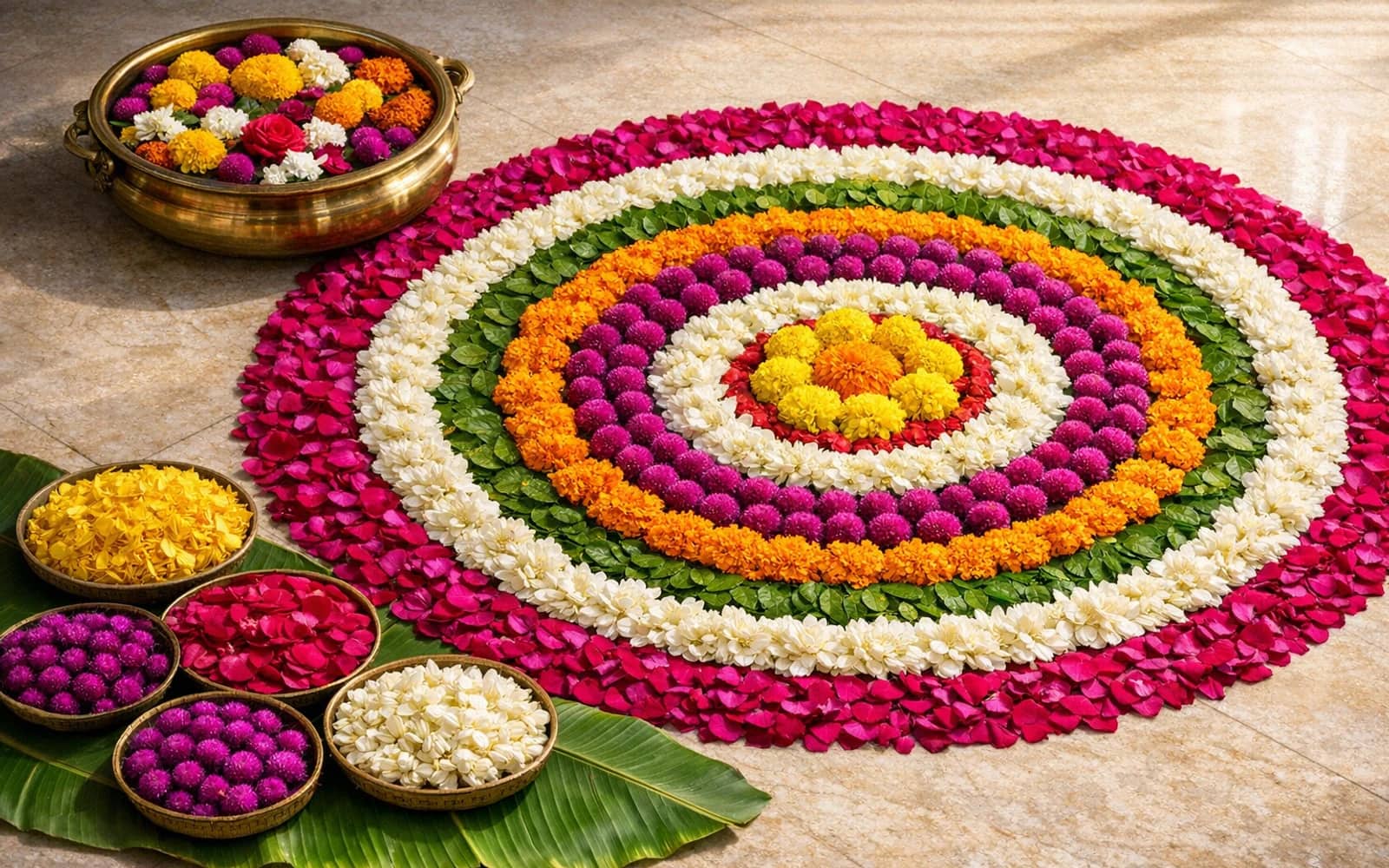 Onam flowers with marigolds, chrysanthemums, and jasmine, saffron marigold, festival magenta, and harvest white color direction, and premium joyful, abundant, sun-bright, harvest-festive styling from Lina Flowers