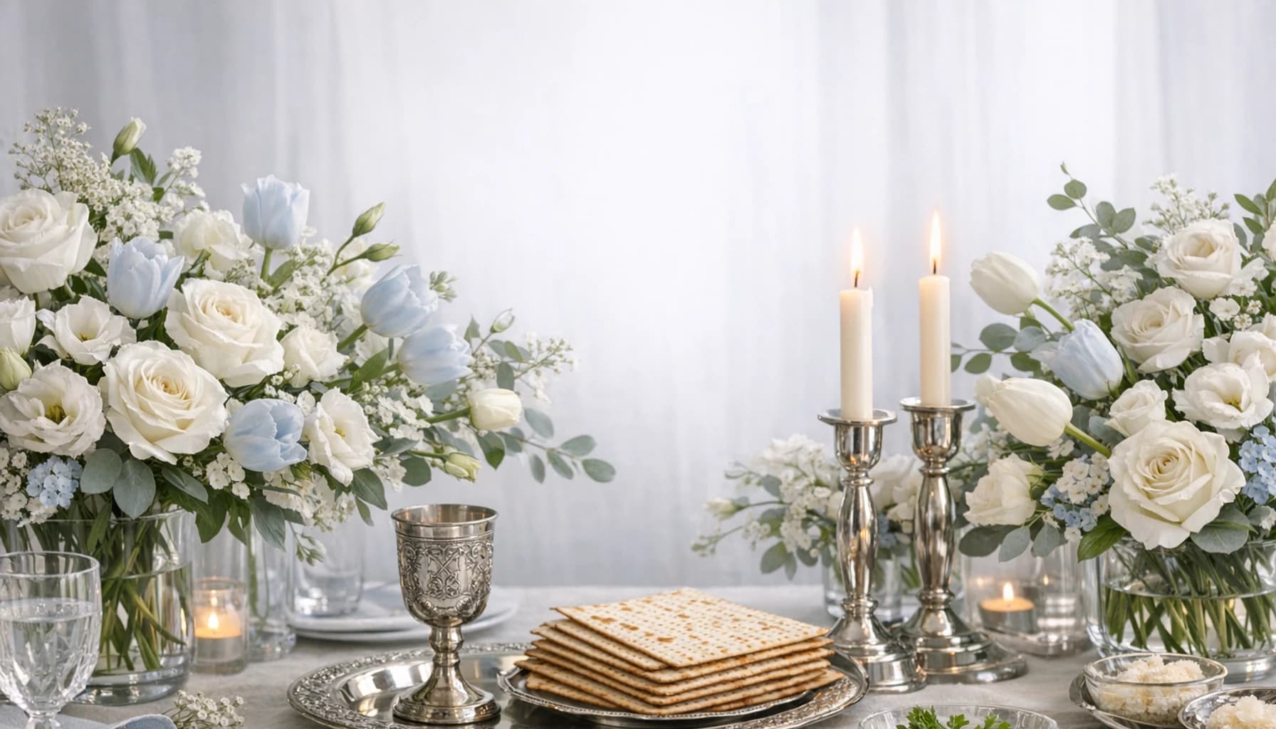 Passover flowers collection banner with white roses, tulips, and lisianthus and calm, graceful, respectful, and spring-lit styling from Lina Flowers