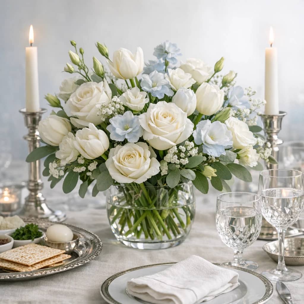 Passover flowers preview with white roses, tulips, and lisianthus in pure white, sky blue, and fresh sage tones from Lina Flowers