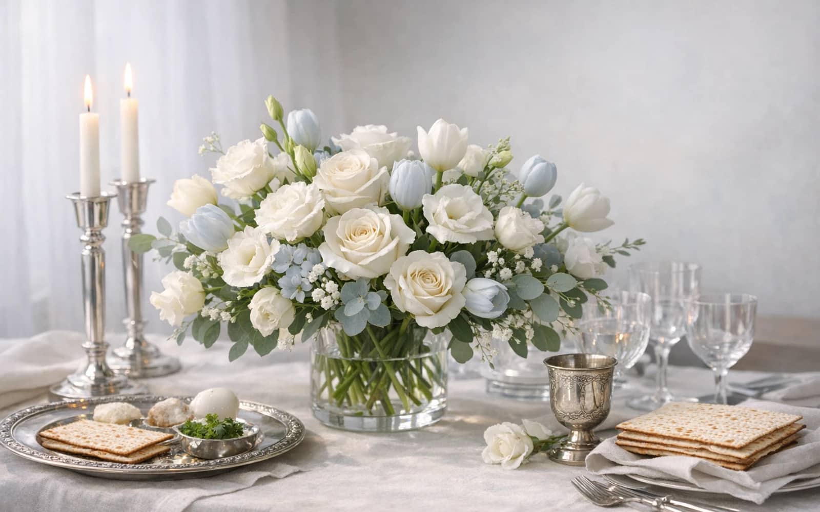Passover flowers with white roses, tulips, and lisianthus, pure white, sky blue, and fresh sage color direction, and premium calm, graceful, respectful, and spring-lit styling from Lina Flowers