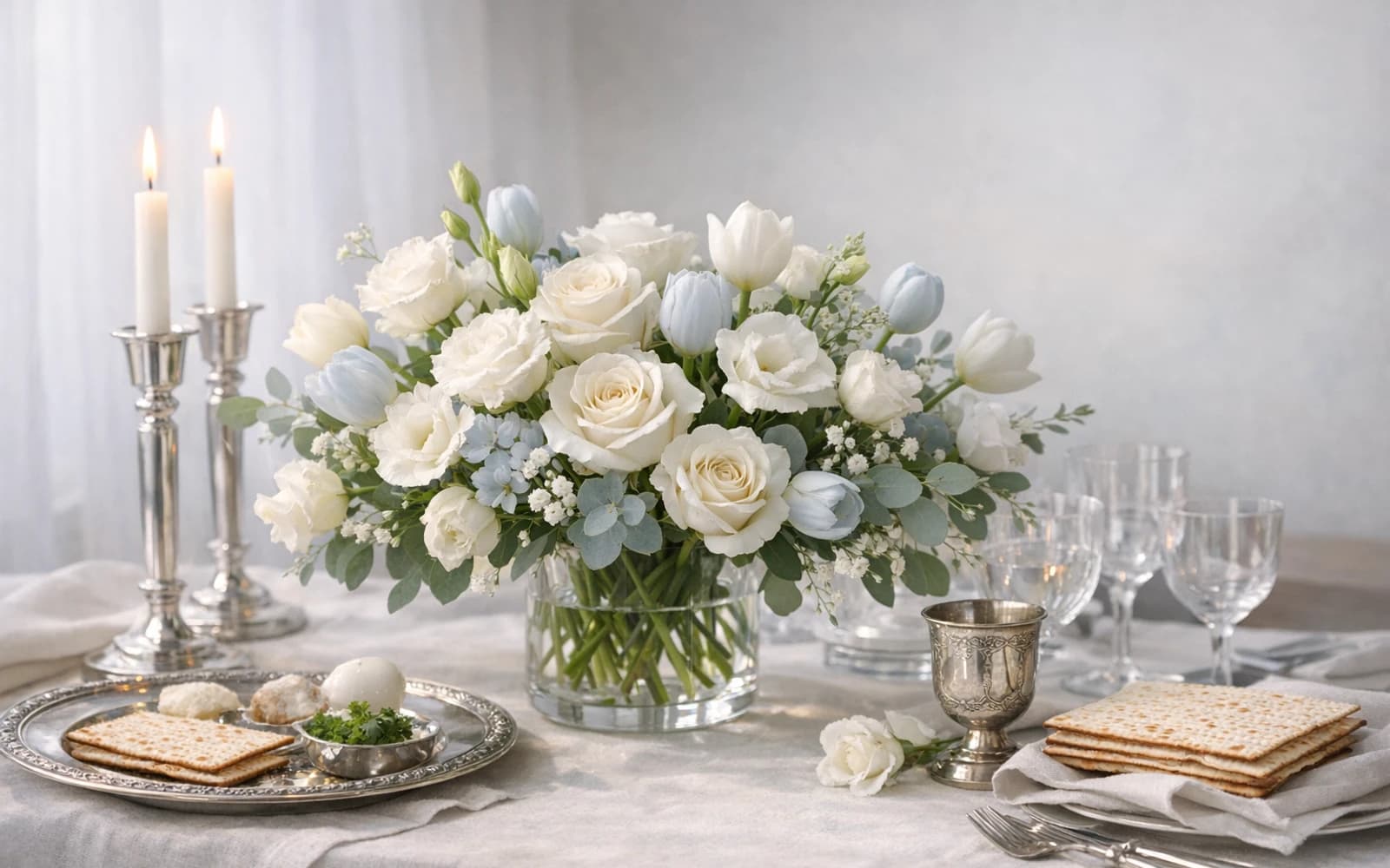 Passover flowers with white roses, tulips, and lisianthus, pure white, sky blue, and fresh sage color direction, and premium calm, graceful, respectful, and spring-lit styling from LiNa Garden