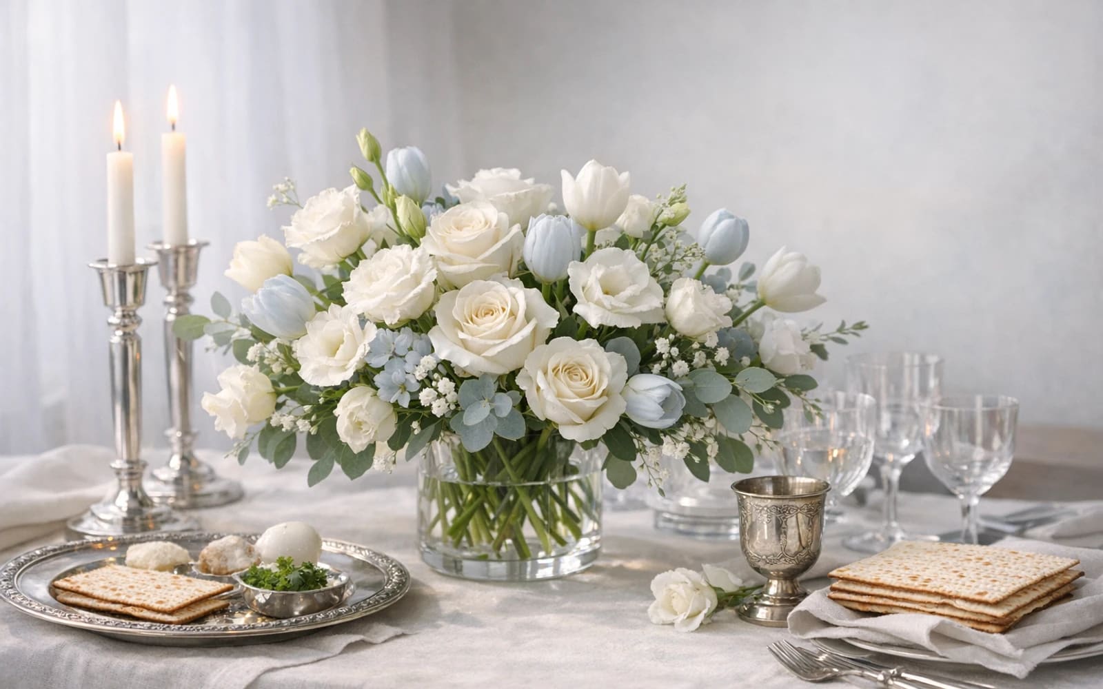 Passover flowers with white roses, tulips, and lisianthus, pure white, sky blue, and fresh sage color direction, and premium calm, graceful, respectful, and spring-lit styling from Lina Flowers