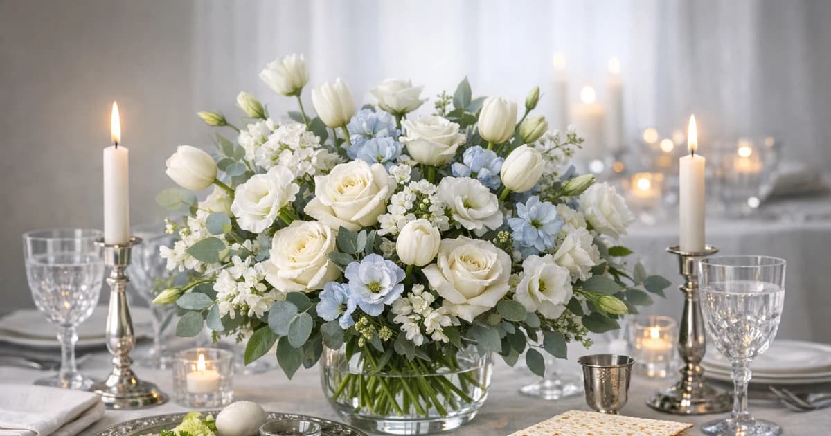 Passover flowers social share image with white roses, tulips, and lisianthus, pure white, sky blue, and fresh sage tones, and premium Lina Flowers styling