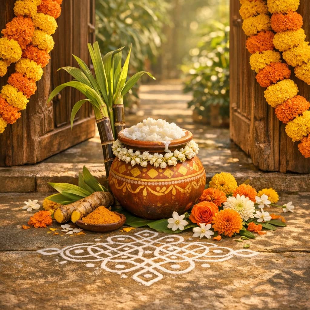 Pongal flowers preview with marigolds, jasmine, and chrysanthemums in marigold gold, turmeric orange, and harvest yellow tones from Lina Flowers