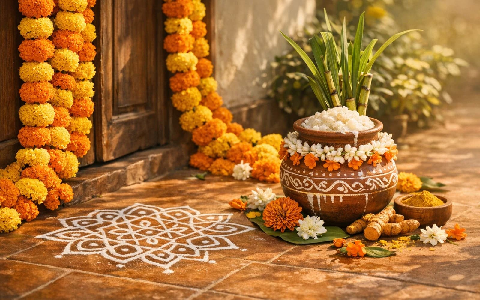 Pongal flowers collection banner with marigolds, jasmine, and chrysanthemums and sunny, joyful, grateful, abundant styling from Lina Flowers