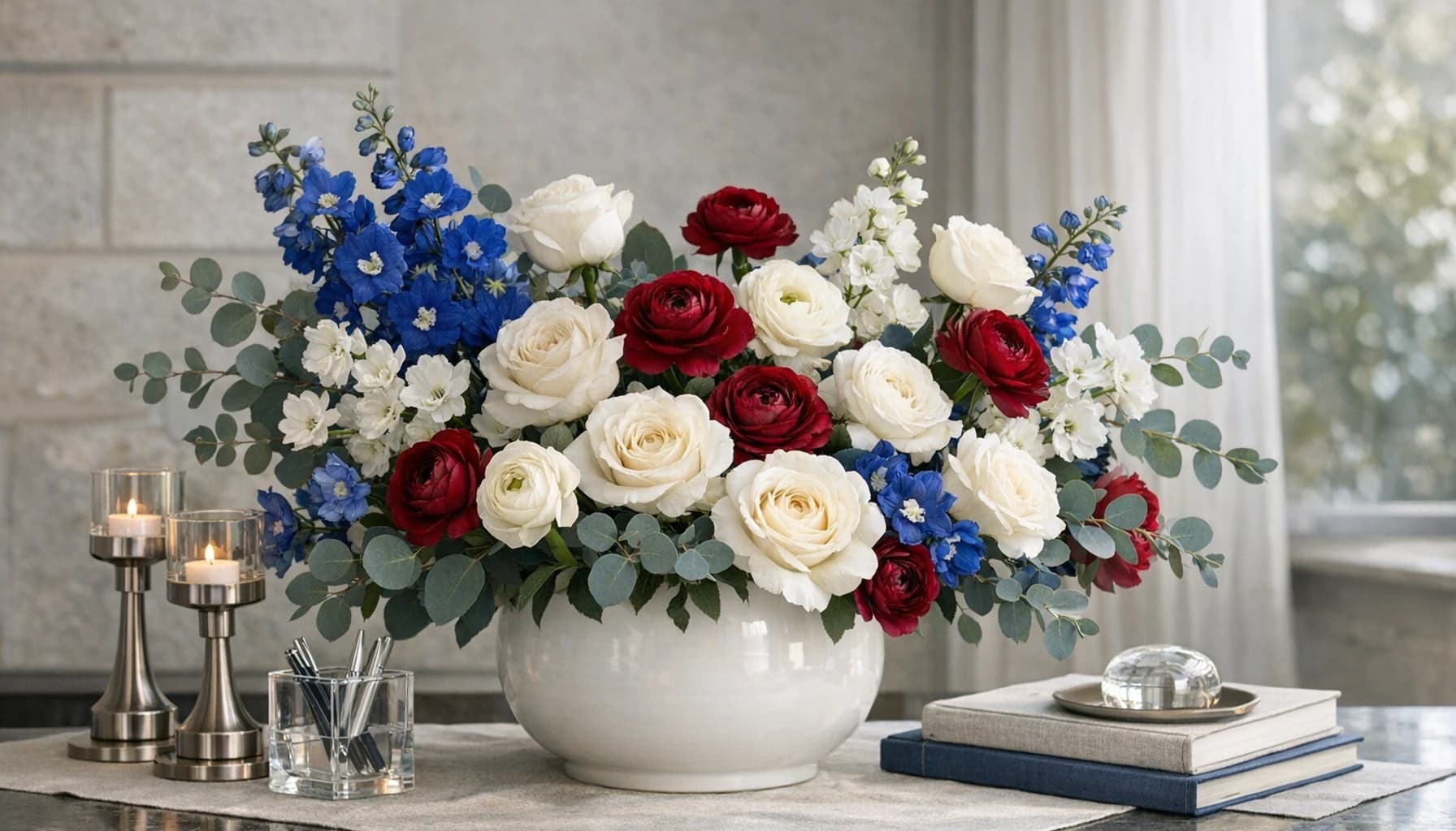 Presidents' Day flowers collection banner with white roses, blue delphinium, and ranunculus and tailored, classic, composed, and winter-bright styling from Lina Flowers