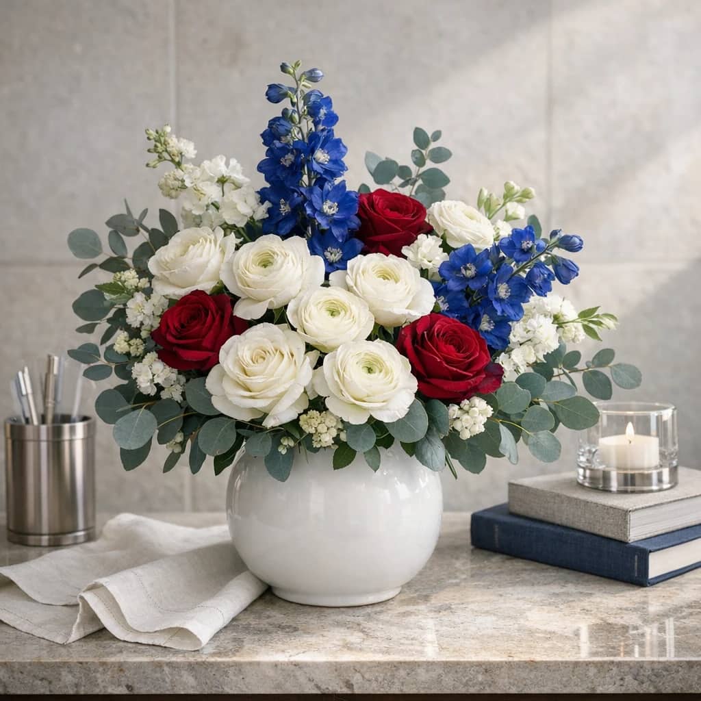 Presidents' Day flowers preview with white roses, blue delphinium, and ranunculus in winter white, navy bloom, and burgundy red tones from Lina Flowers