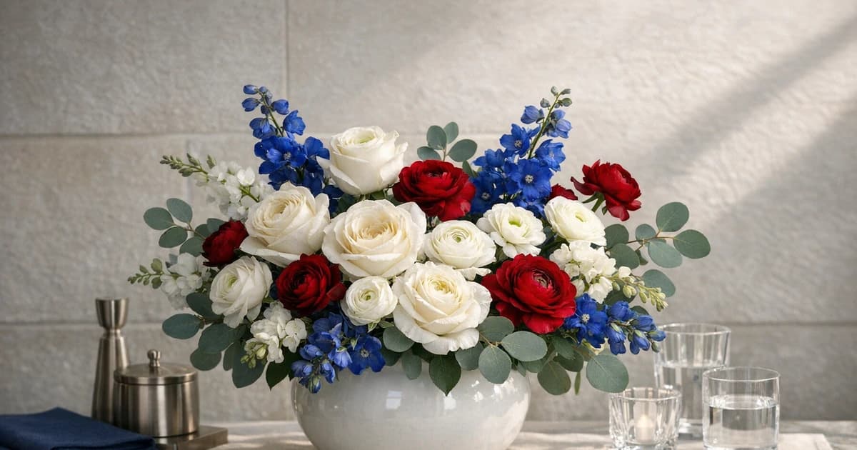 Presidents' Day flowers social share image with white roses, blue delphinium, and ranunculus, winter white, navy bloom, and burgundy red tones, and premium Lina Flowers styling