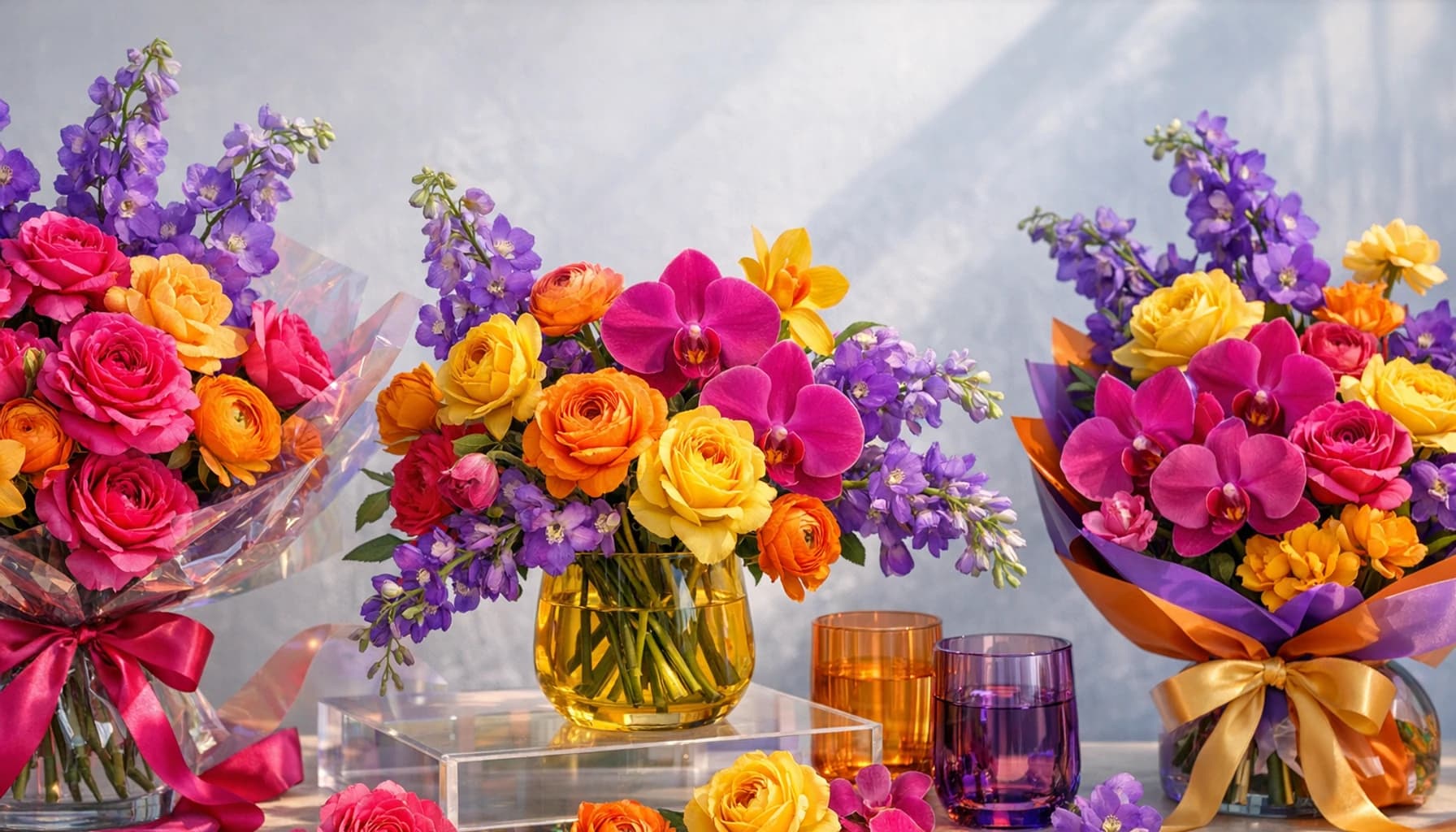 Pride Month flowers collection banner with garden roses, ranunculus, and orchids and joyful, expressive, radiant, and celebratory styling from Lina Flowers
