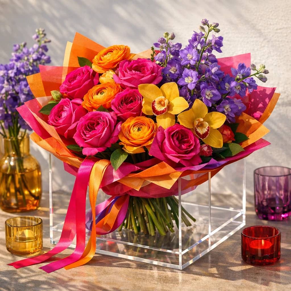 Pride Month flowers preview with garden roses, ranunculus, and orchids in fuchsia, tangerine, and golden yellow tones from Lina Flowers