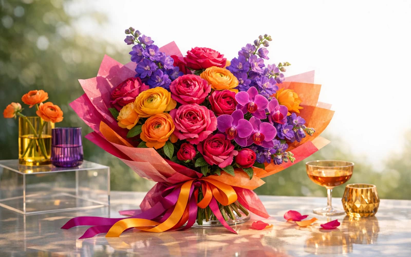 Pride Month flowers with garden roses, ranunculus, and orchids, fuchsia, tangerine, and golden yellow color direction, and premium joyful, expressive, radiant, and celebratory styling from Lina Flowers