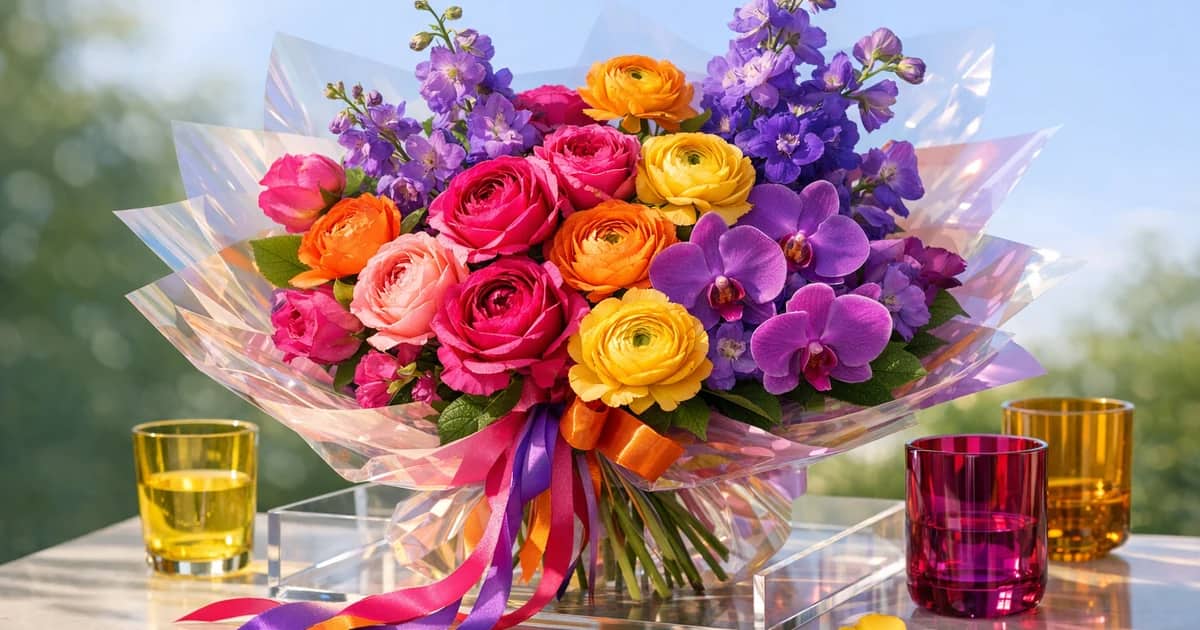 Pride Month flowers social share image with garden roses, ranunculus, and orchids, fuchsia, tangerine, and golden yellow tones, and premium Lina Flowers styling