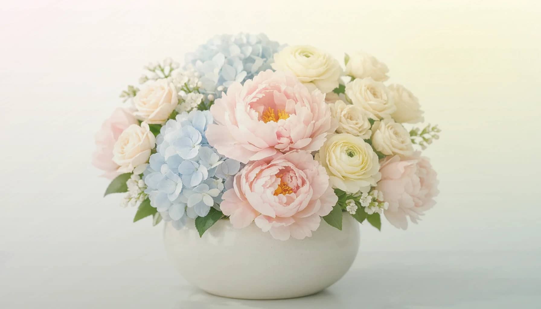 Read Across America Day flowers collection banner with pink ranunculus, pale yellow tulips, and spray roses and cheerful, approachable, classroom-friendly, and warmly playful styling from Lina Flowers