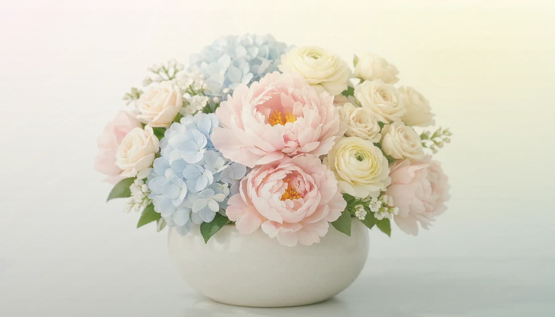 Read Across America Day flowers collection banner with pink ranunculus, pale yellow tulips, and spray roses and cheerful, approachable, classroom-friendly, and warmly playful styling from Lina Flowers