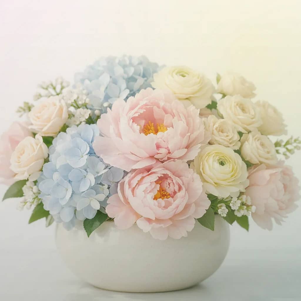 Read Across America Day flowers preview with pink ranunculus, pale yellow tulips, and spray roses in soft pink, pale lemon, and fresh mint tones from Lina Flowers