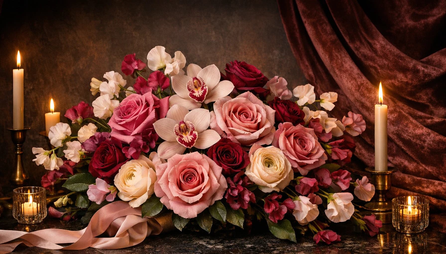 Romance Flowers collection banner with roses, orchids, and ranunculus and intimate, soft, rich, and evening-ready styling from LiNa Garden