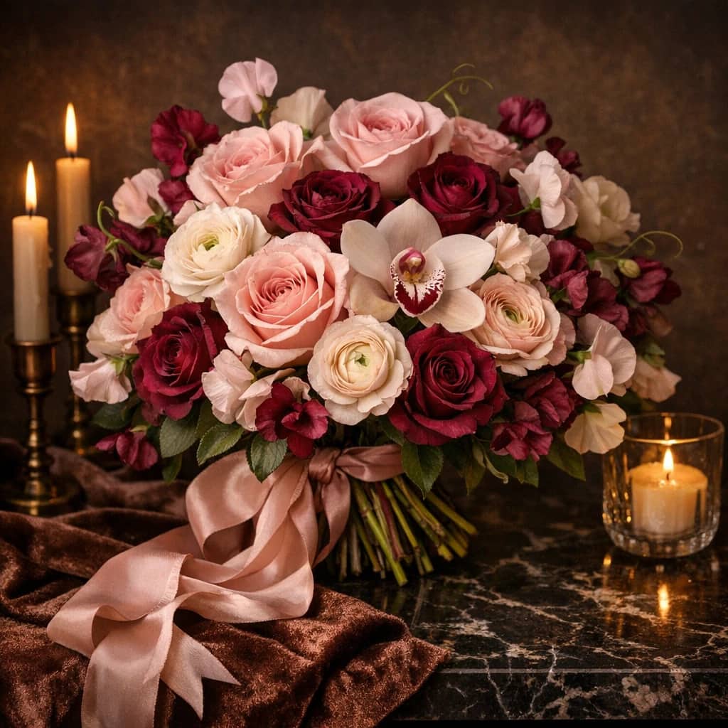 Romance Flowers preview with roses, orchids, and ranunculus in rose pink, berry, and ivory tones from Lina Flowers