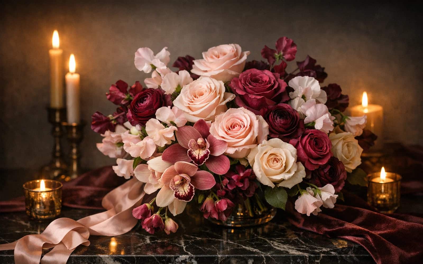 Romance Flowers with roses, orchids, and ranunculus, rose pink, berry, and ivory color direction, and premium intimate, soft, rich, and evening-ready styling from Lina Flowers