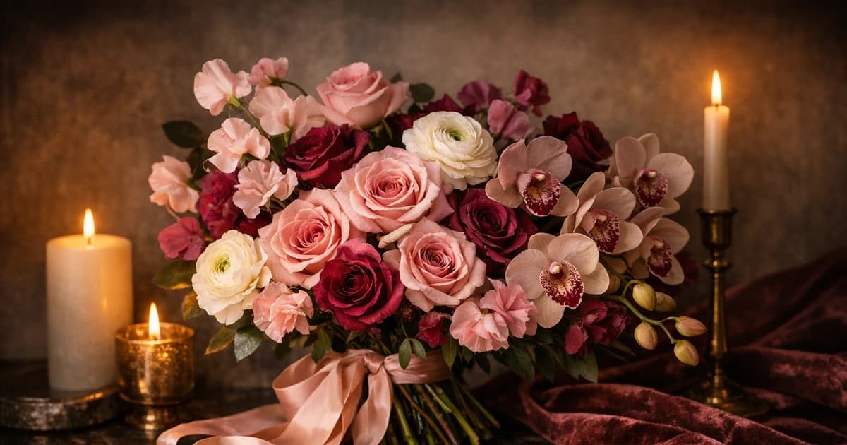 Romance Flowers social share image with roses, orchids, and ranunculus, rose pink, berry, and ivory tones, and premium Lina Flowers styling