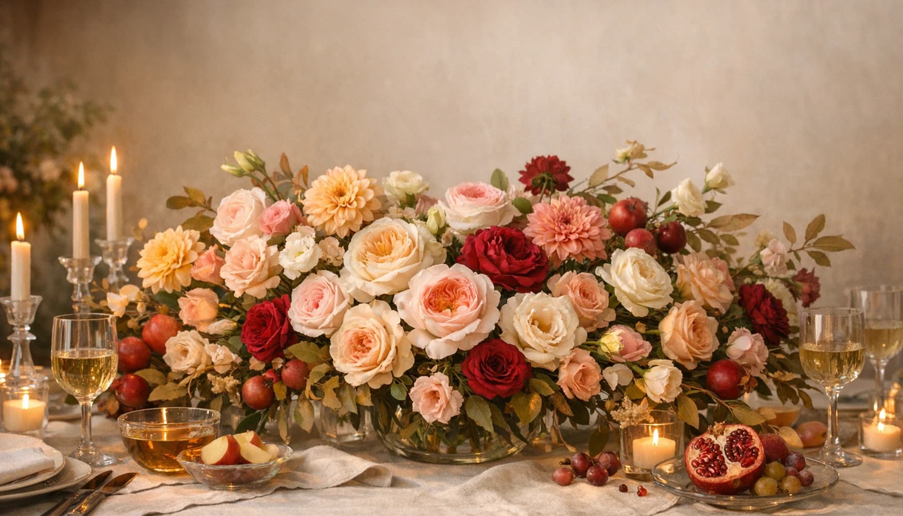 Rosh Hashanah flowers collection banner with garden roses, dahlias, and lisianthus and warm, abundant, graceful, and reflective styling from Lina Flowers