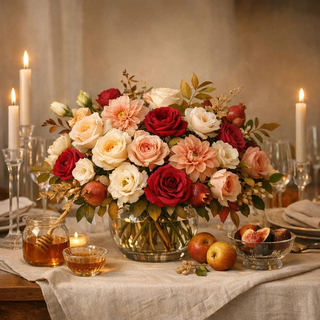 Rosh Hashanah flowers preview with garden roses, dahlias, and lisianthus in honey, ivory, and blush tones from Lina Flowers