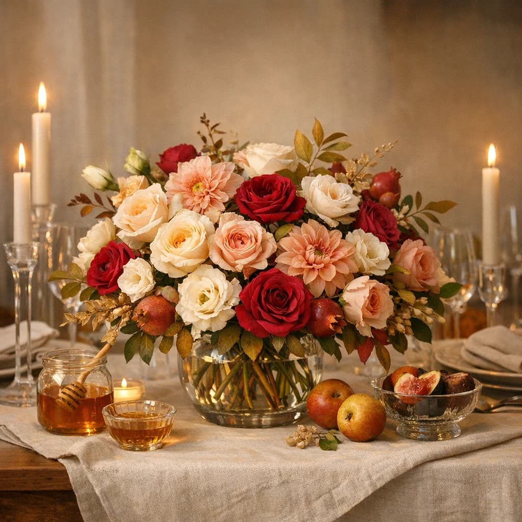 Rosh Hashanah flowers preview with garden roses, dahlias, and lisianthus in honey, ivory, and blush tones from Lina Flowers