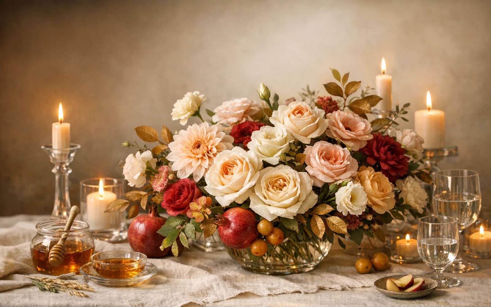 Rosh Hashanah flowers with garden roses, dahlias, and lisianthus, honey, ivory, and blush color direction, and premium warm, abundant, graceful, and reflective styling from Lina Flowers