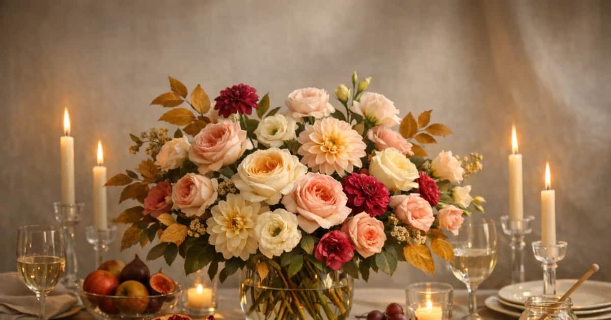 Rosh Hashanah flowers social share image with garden roses, dahlias, and lisianthus, honey, ivory, and blush tones, and premium Lina Flowers styling