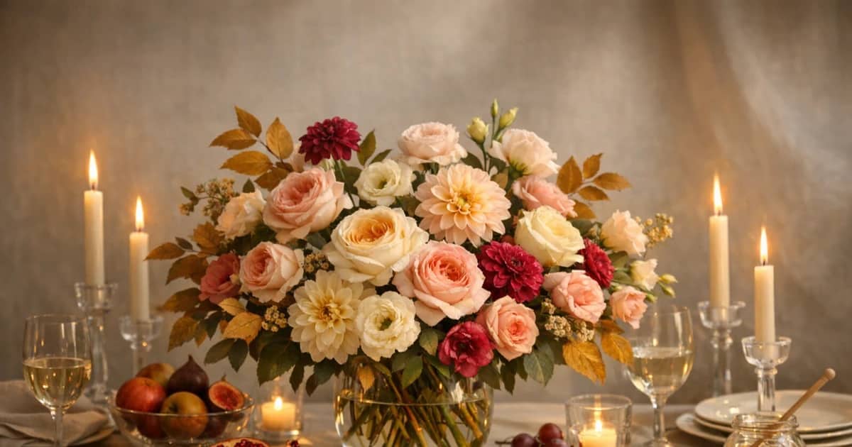 Rosh Hashanah flowers social share image with garden roses, dahlias, and lisianthus, honey, ivory, and blush tones, and premium Lina Flowers styling