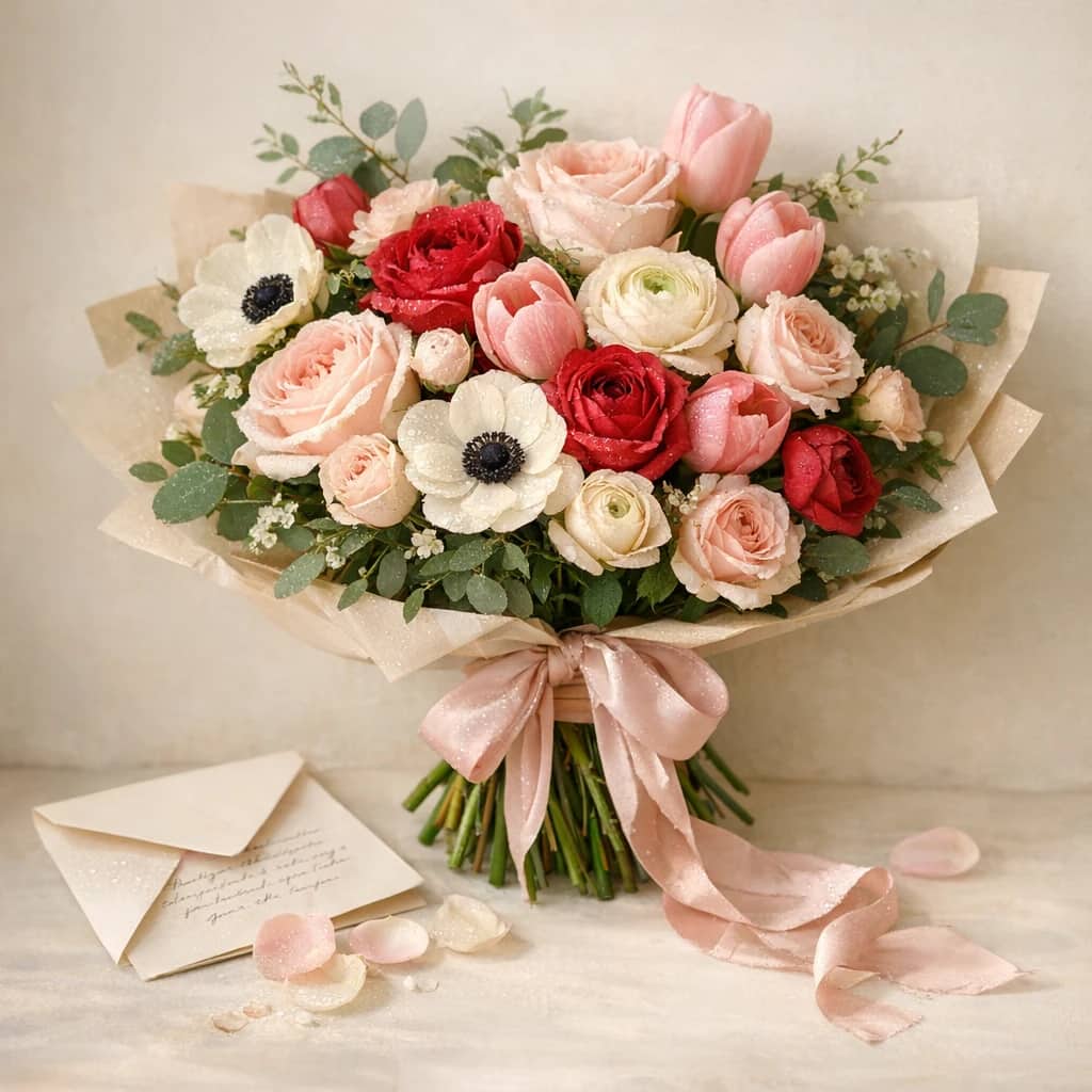 Saint Sarkis Day flowers preview with garden roses, ranunculus, and tulips in blush pink, soft romance red, and warm cream tones from Lina Flowers