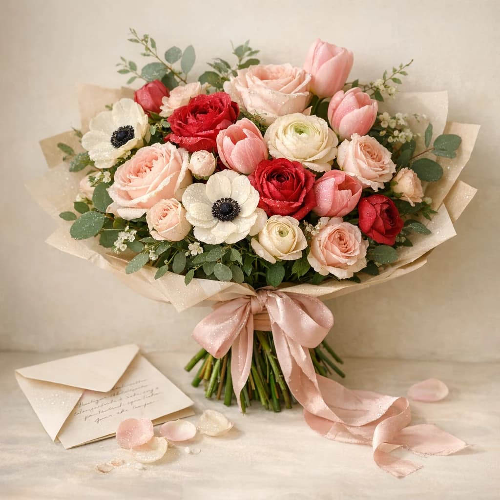 Saint Sarkis Day flowers preview with garden roses, ranunculus, and tulips in blush pink, soft romance red, and warm cream tones from Lina Flowers