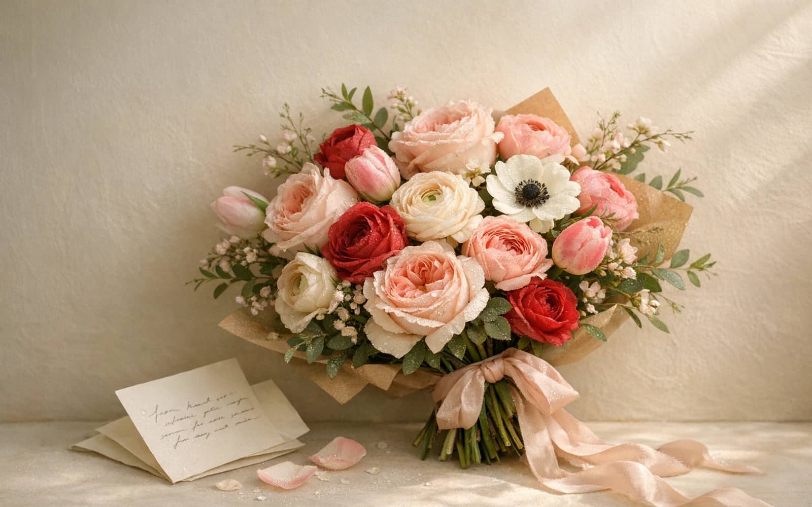 Saint Sarkis Day flowers with garden roses, ranunculus, and tulips, blush pink, soft romance red, and warm cream color direction, and premium tender, romantic, youthful, hopeful styling from Lina Flowers