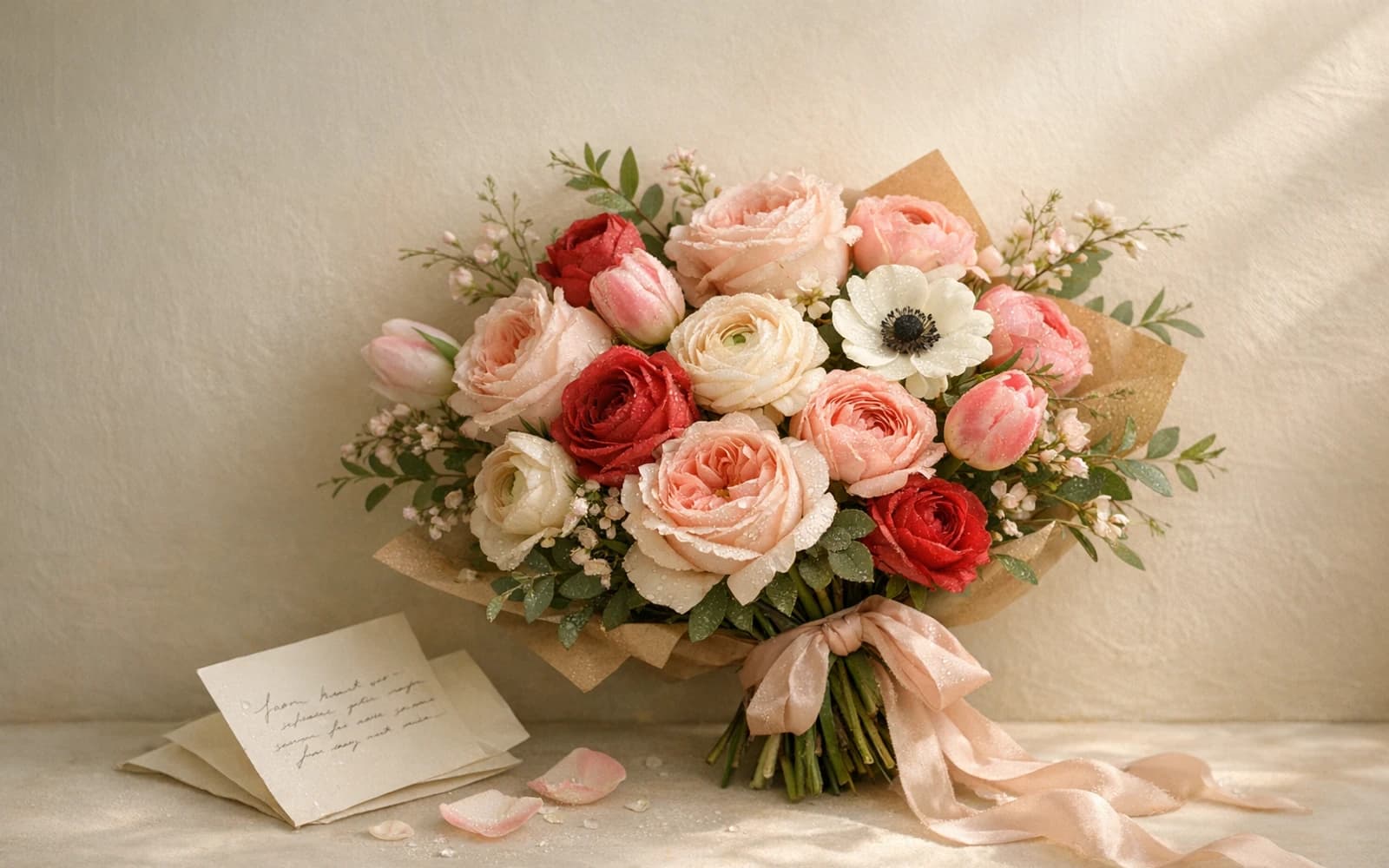 Saint Sarkis Day flowers collection banner with garden roses, ranunculus, and tulips and tender, romantic, youthful, hopeful styling from Lina Flowers