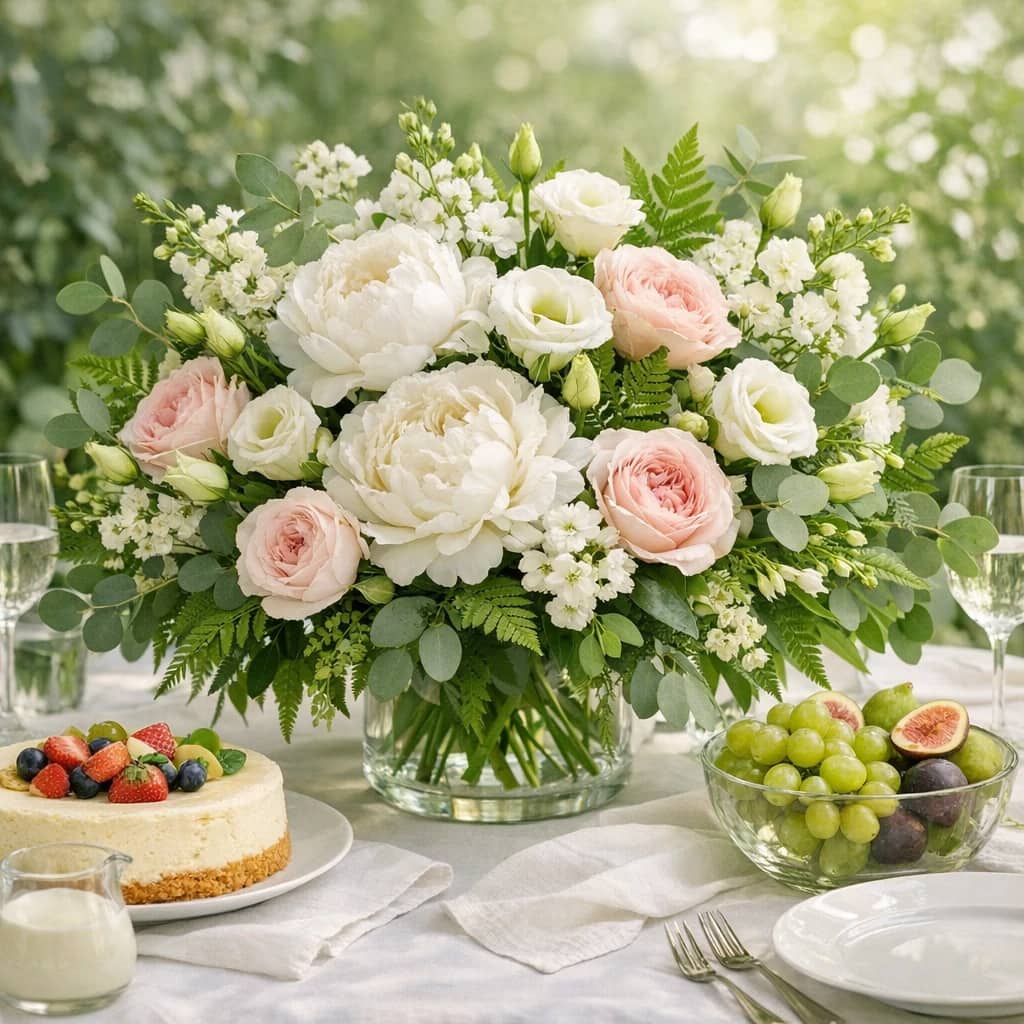 Shavuot flowers preview with peonies, garden roses, and lisianthus in fresh leaf green, deep fern, and soft bloom white tones from Lina Flowers